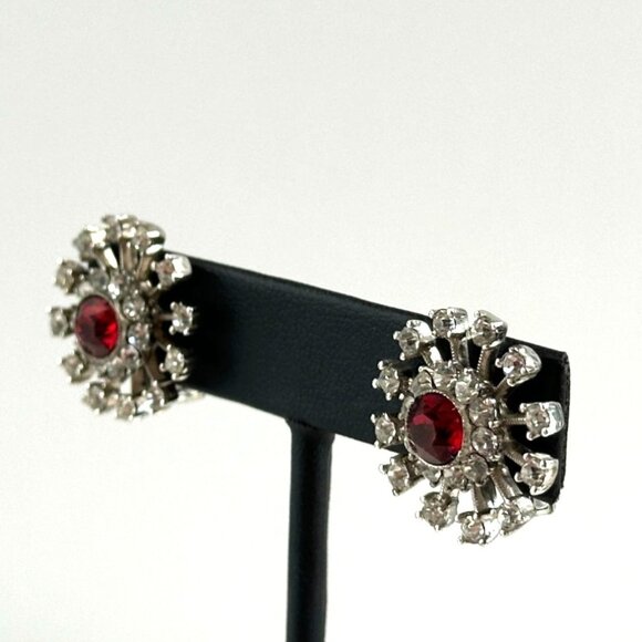 Vintage Sterling Clip-On Earrings, 1940s Rhinestone Starburst - Picture 6 of 7